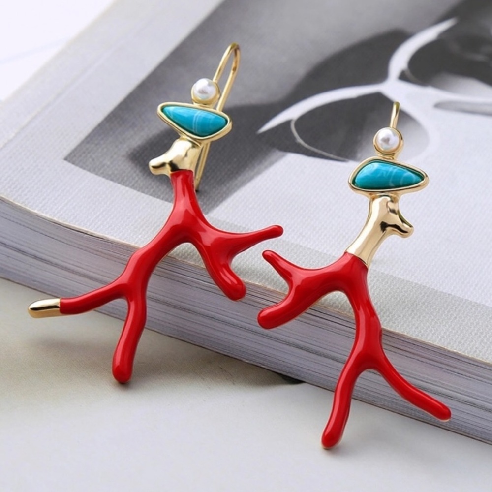 NWT Coral Drop Earrings | Red + Turquoise + Gold - Picture 2 of 8